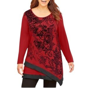 Catherines Artsy Embellished Asymmetrical Layered Tunic Top 3X Red Black NWT